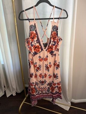 Angie Peach Top with Navy & Orange Floral Accents